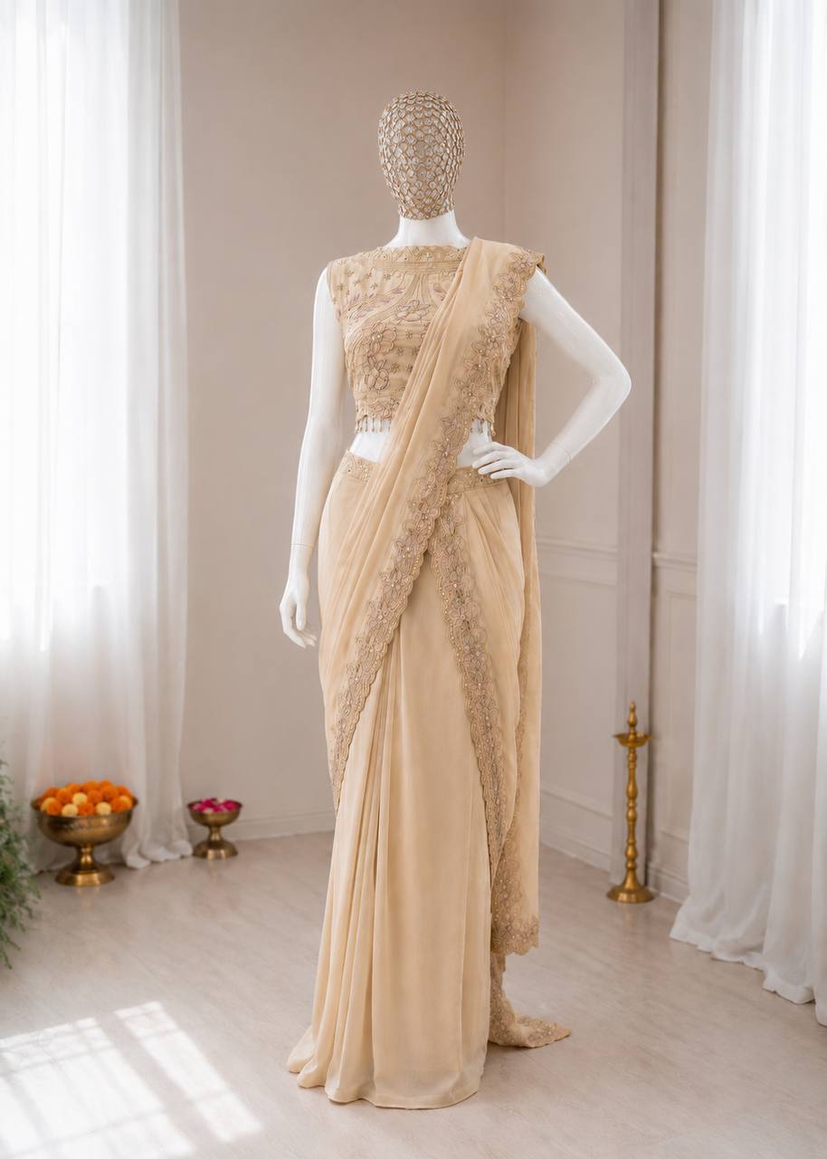 Champagne Beige Pre-Draped Saree with Embroidered Scalloped Border