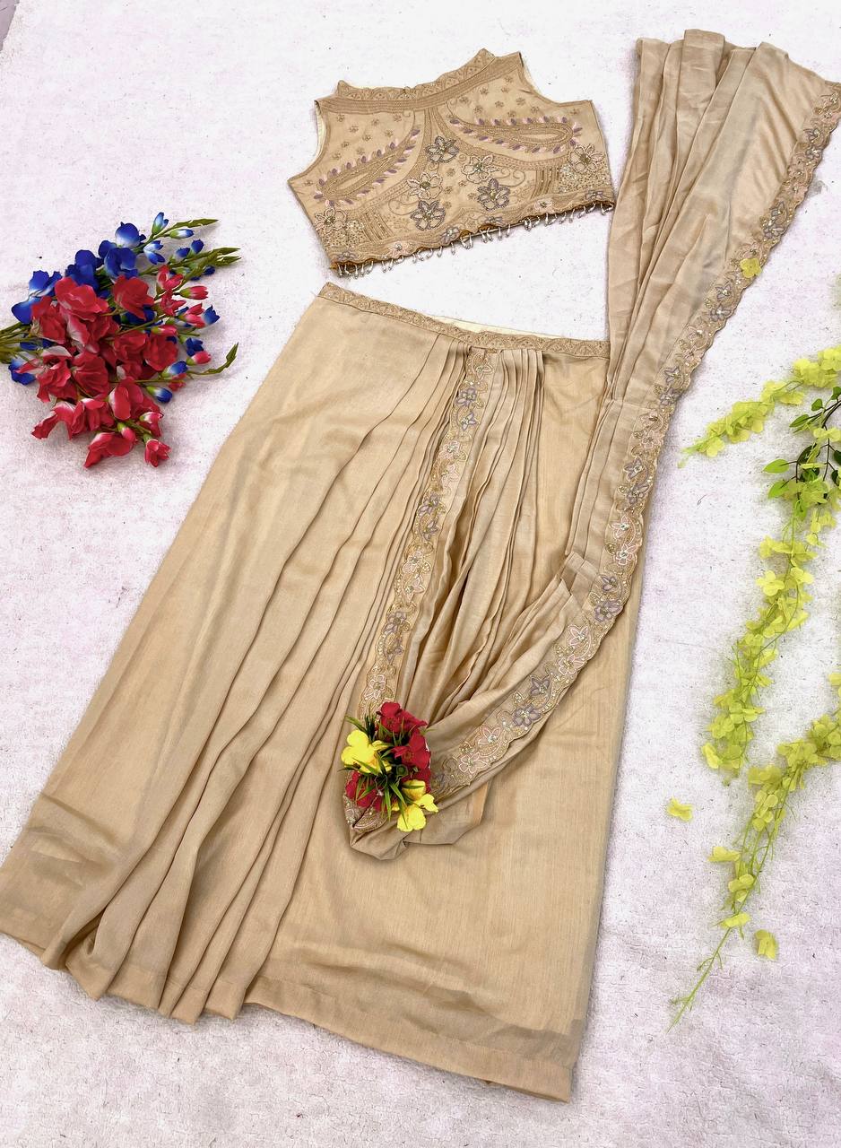 Champagne Beige Pre-Draped Saree with Embroidered Scalloped Border