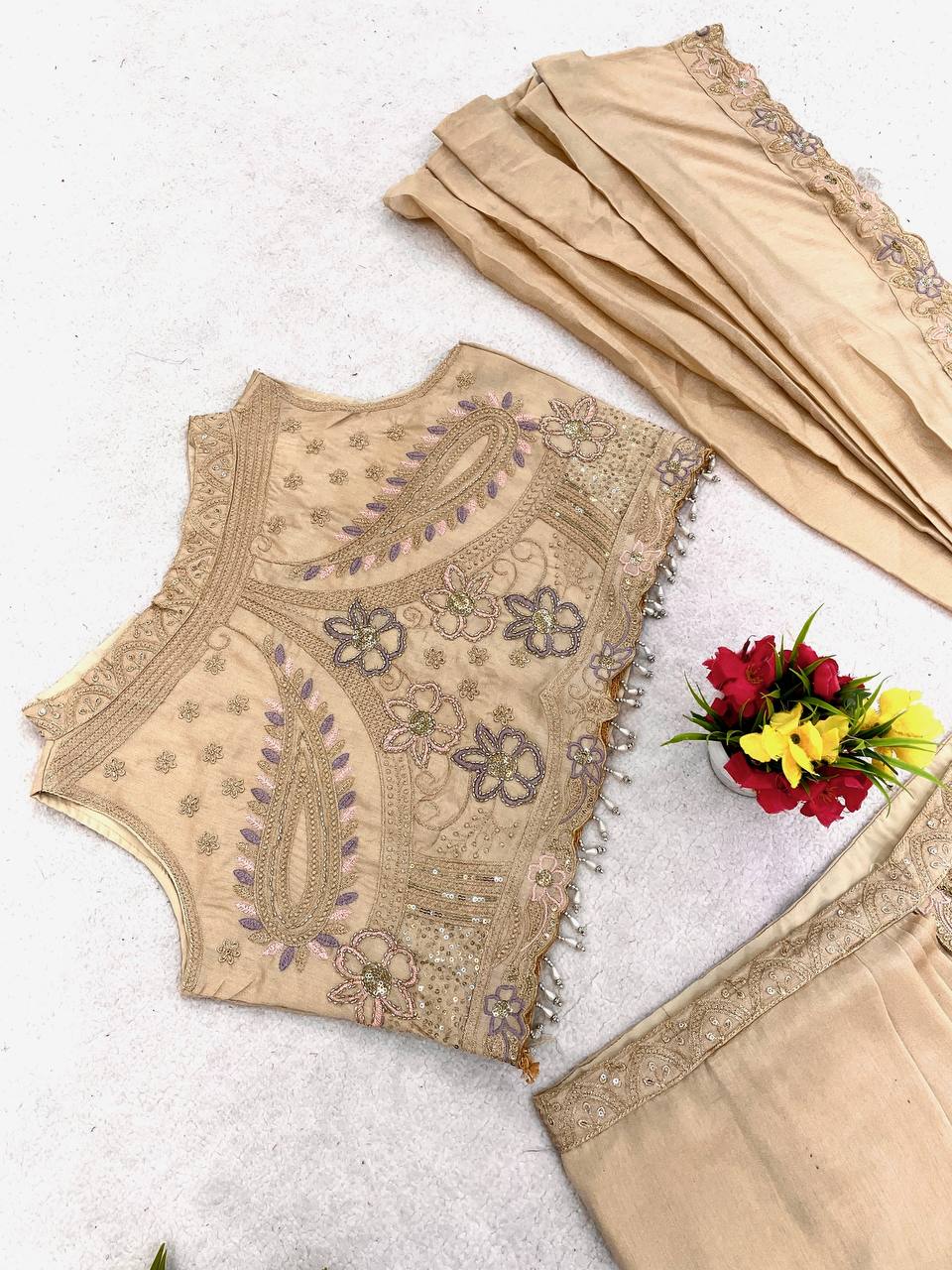 Champagne Beige Pre-Draped Saree with Embroidered Scalloped Border