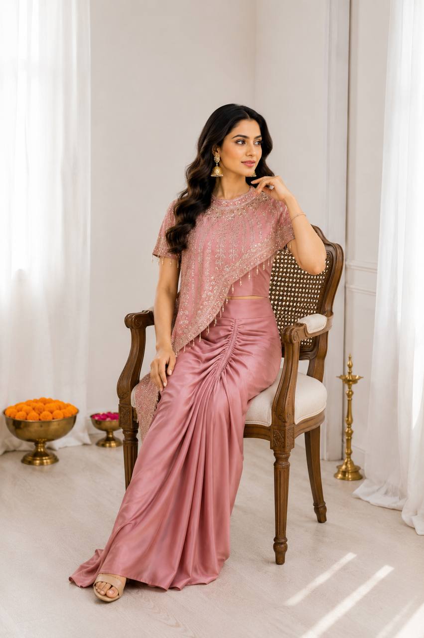 Ethereal Dusty Pink Indo-Western Draped Crepe Silk Dhoti Blouse with Embroidered Koti Set (Fusion Lehenga Look)