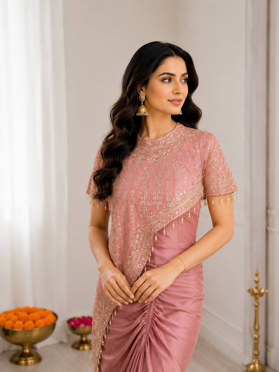 Woman wearing a pink saree with intricate designs against a neutral background