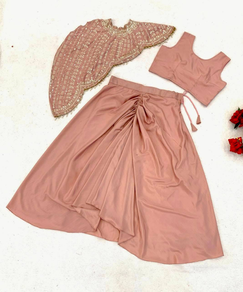 Ethereal Dusty Pink Indo-Western Draped Crepe Silk Dhoti Blouse with Embroidered Koti Set (Fusion Lehenga Look)