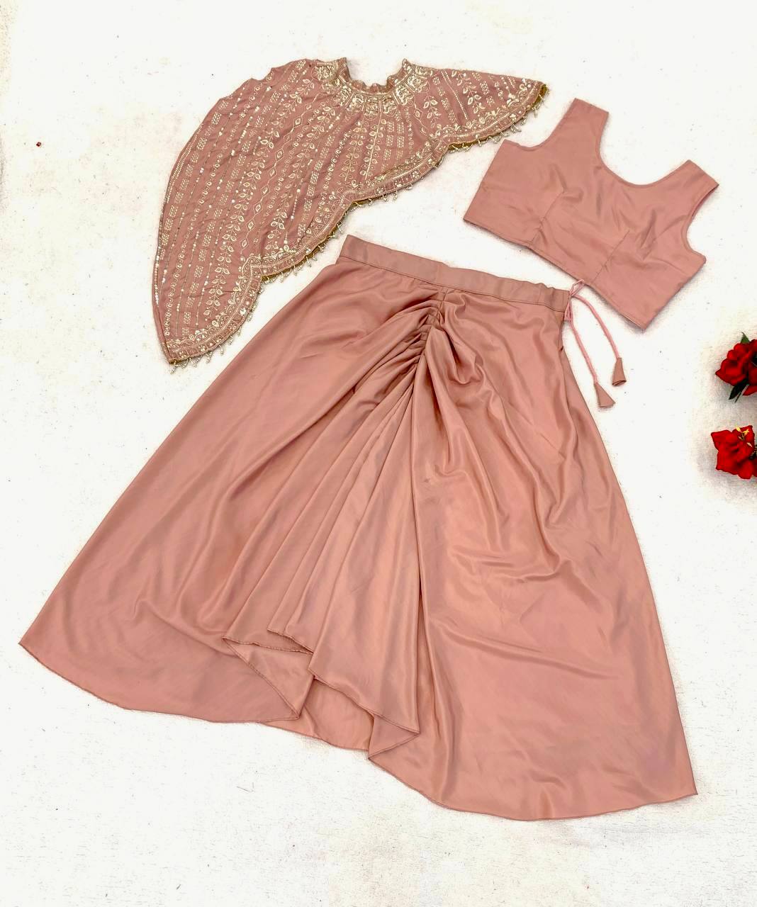 Ethereal Dusty Pink Indo-Western Draped Crepe Silk Dhoti Blouse with Embroidered Koti Set (Fusion Lehenga Look)