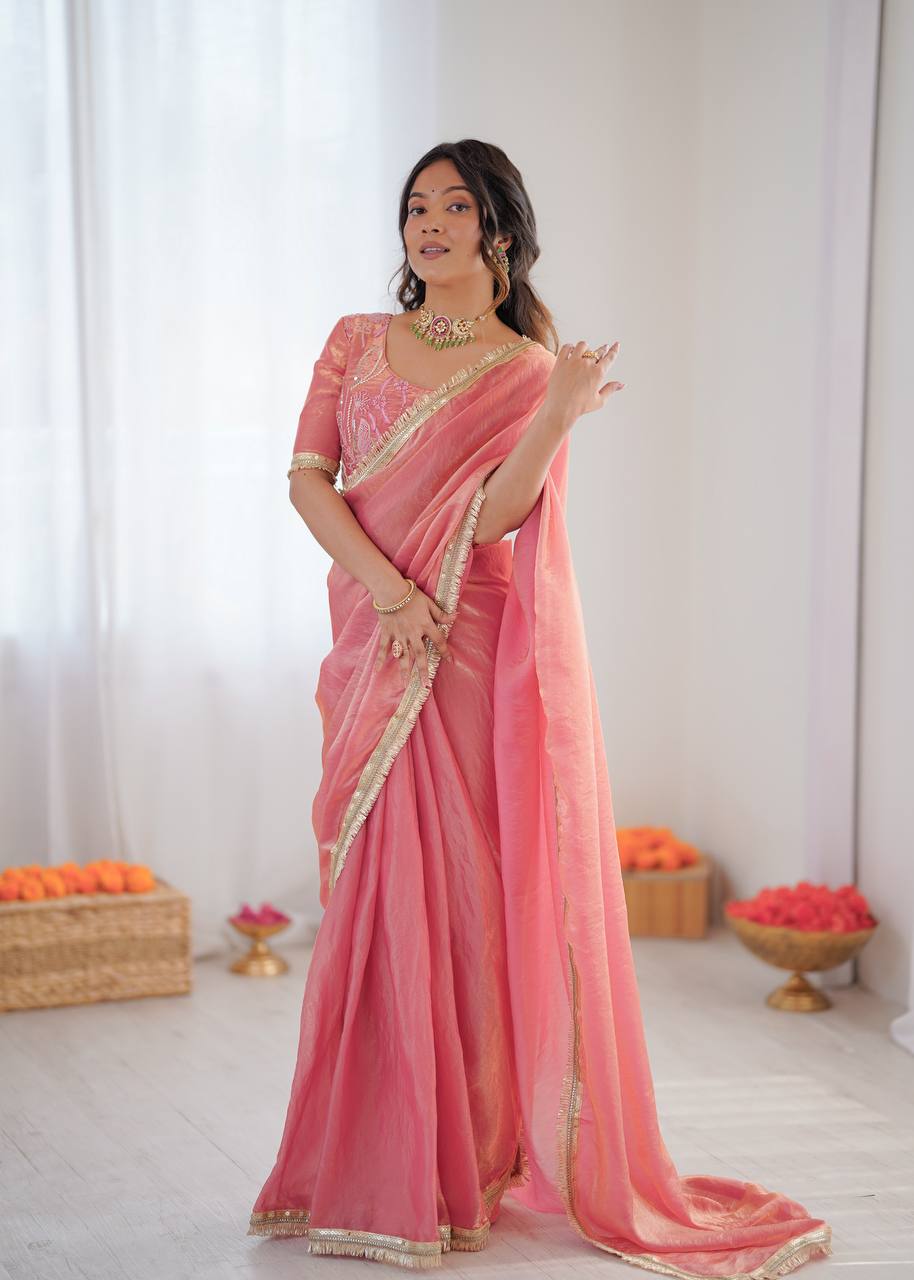 Festive Fendi Silk Saree with Gota Patti Border & Hand-Embroidered Blouse piece