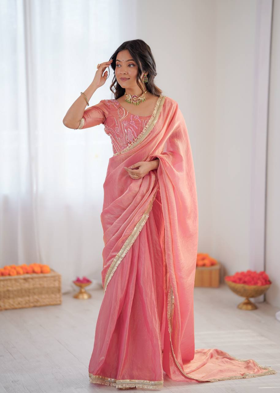 Festive Fendi Silk Saree with Gota Patti Border & Hand-Embroidered Blouse piece