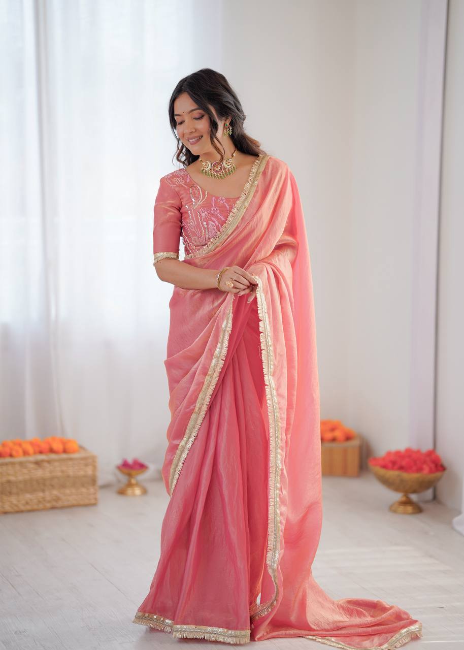 Festive Fendi Silk Saree with Gota Patti Border & Hand-Embroidered Blouse piece