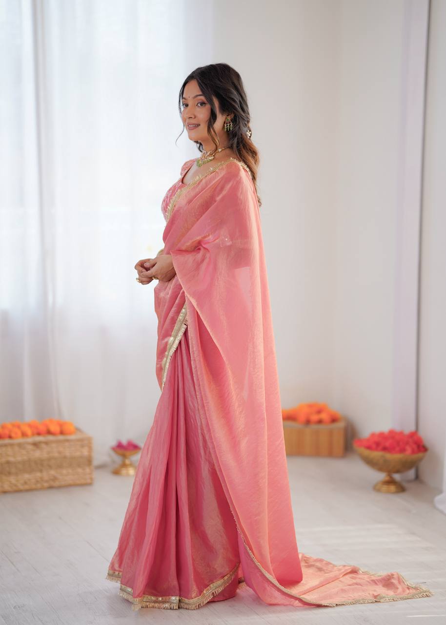 Festive Fendi Silk Saree with Gota Patti Border & Hand-Embroidered Blouse piece