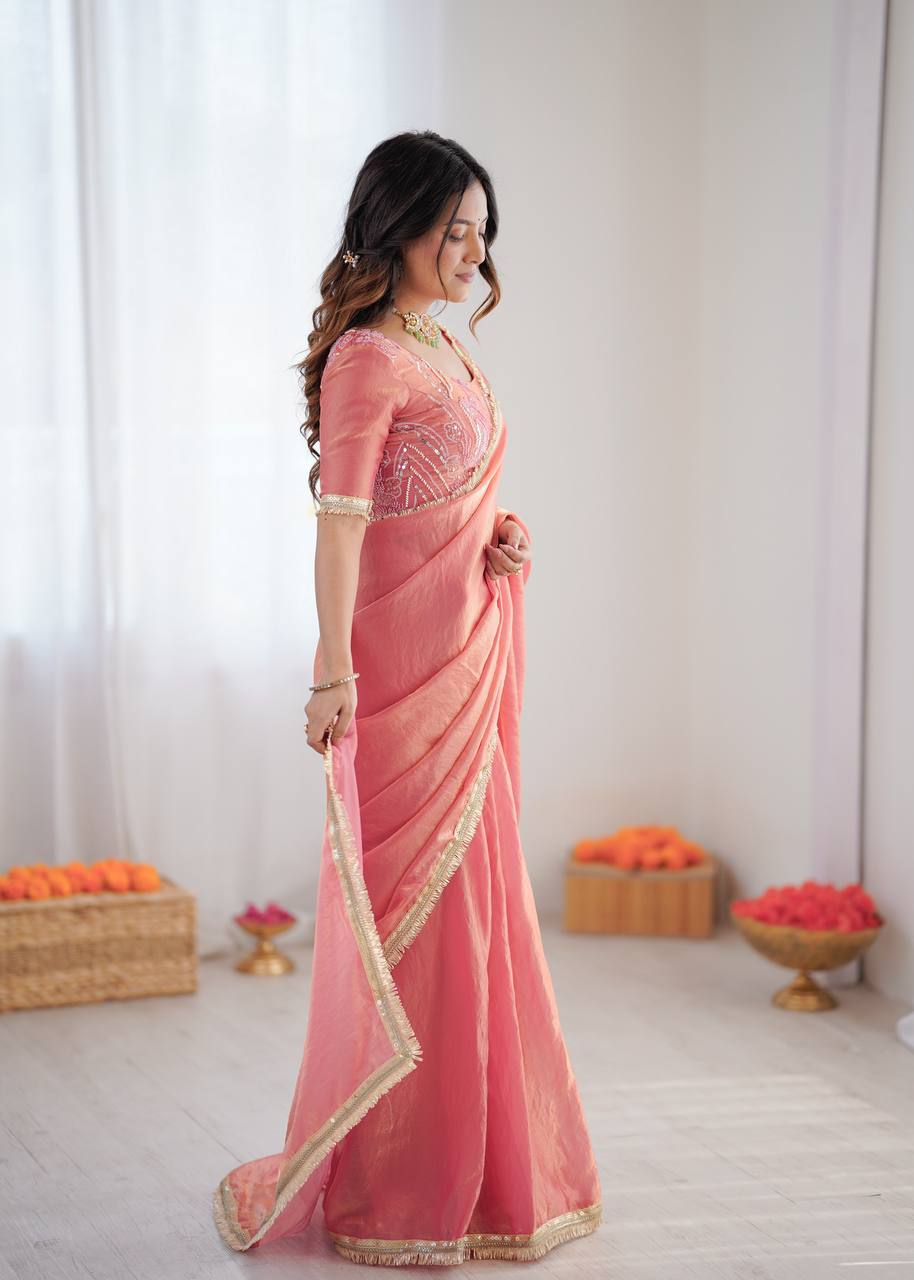 Festive Fendi Silk Saree with Gota Patti Border & Hand-Embroidered Blouse piece