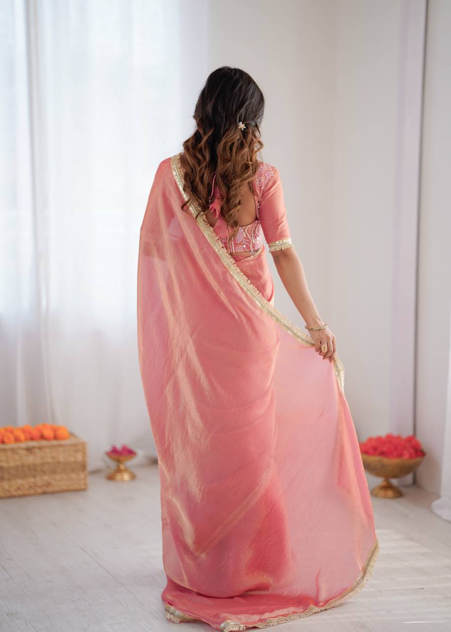Festive Fendi Silk Saree with Gota Patti Border & Hand-Embroidered Blouse piece