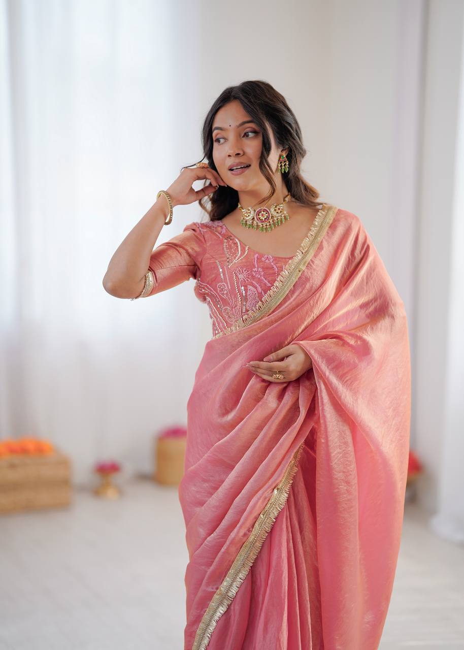 Festive Fendi Silk Saree with Gota Patti Border & Hand-Embroidered Blouse piece