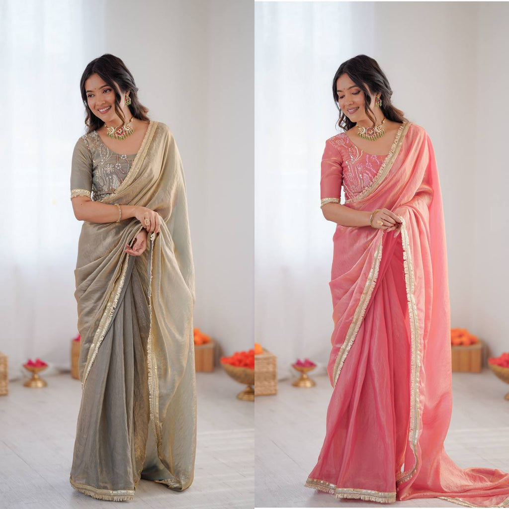 Festive Fendi Silk Saree with Gota Patti Border & Hand-Embroidered Blouse piece