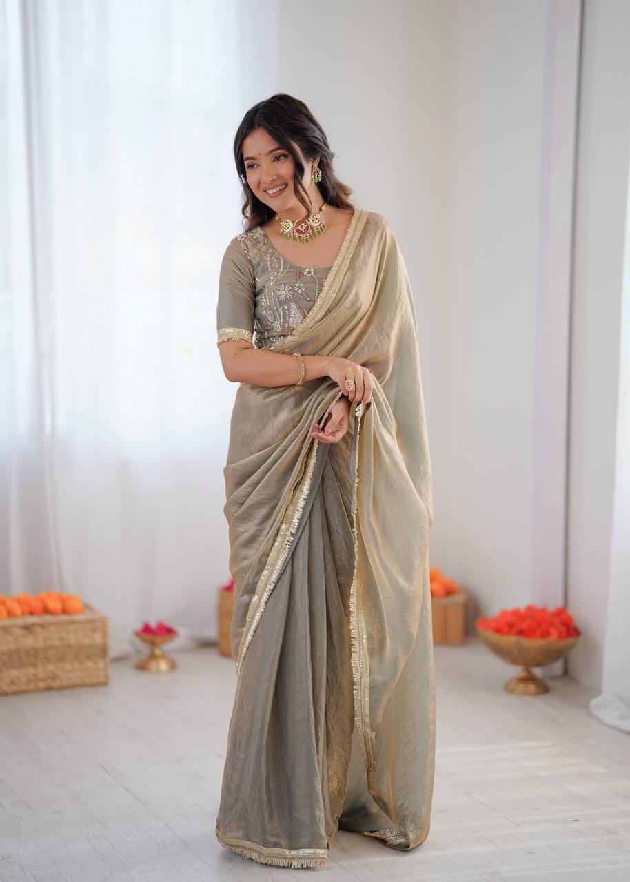 Festive Fendi Silk Saree with Gota Patti Border & Hand-Embroidered Blouse piece