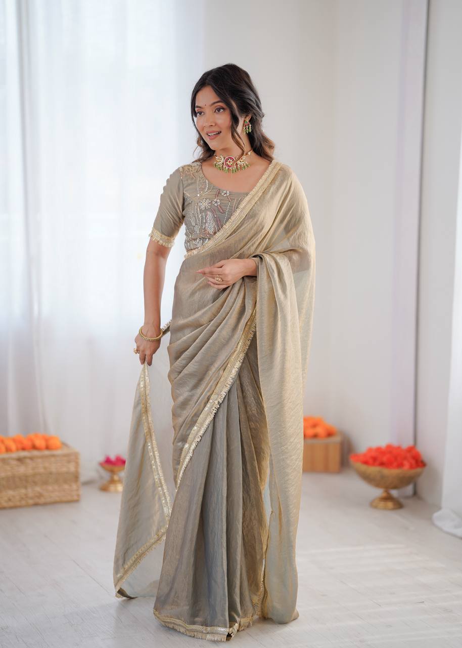 Festive Fendi Silk Saree with Gota Patti Border & Hand-Embroidered Blouse piece