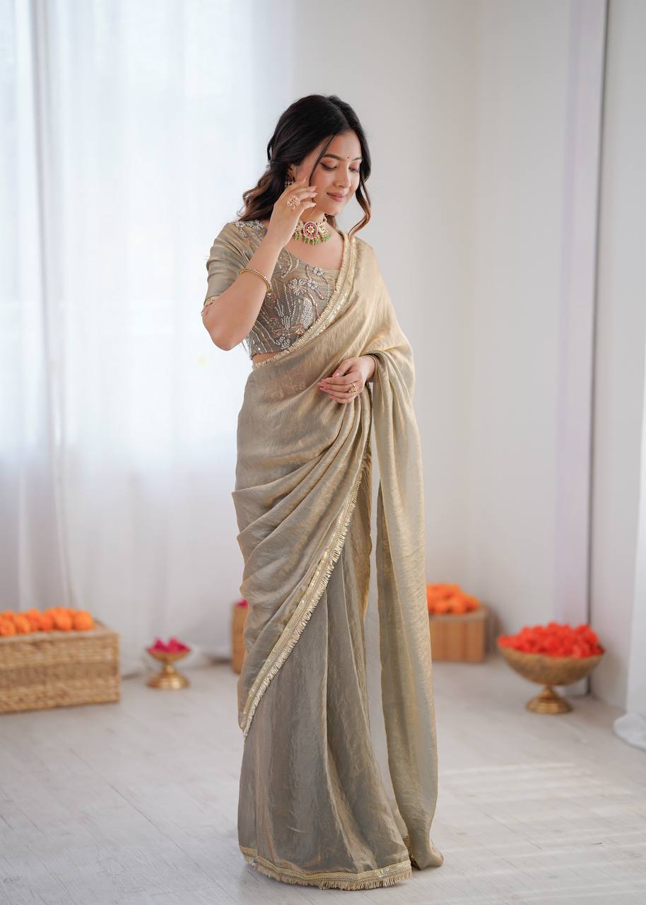 Festive Fendi Silk Saree with Gota Patti Border & Hand-Embroidered Blouse piece