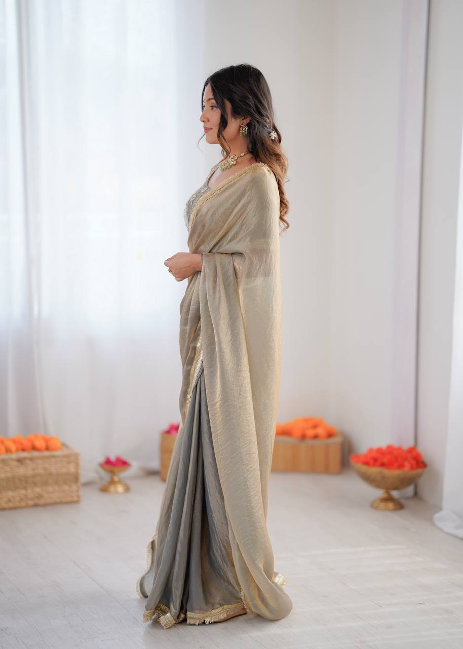 Festive Fendi Silk Saree with Gota Patti Border & Hand-Embroidered Blouse piece