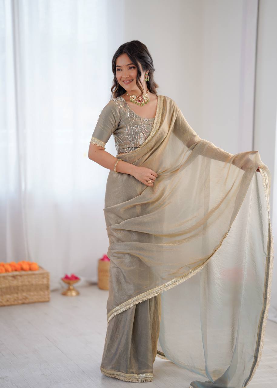 Festive Fendi Silk Saree with Gota Patti Border & Hand-Embroidered Blouse piece