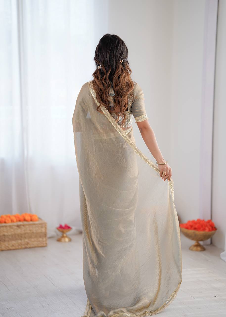 Festive Fendi Silk Saree with Gota Patti Border & Hand-Embroidered Blouse piece