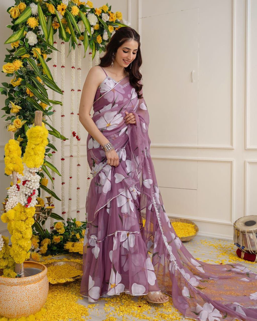 Mauve Floral Print Georgette Ruffle Saree