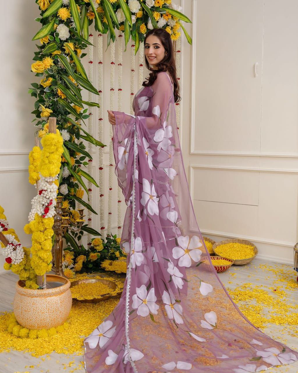 Mauve Floral Print Georgette Ruffle Saree