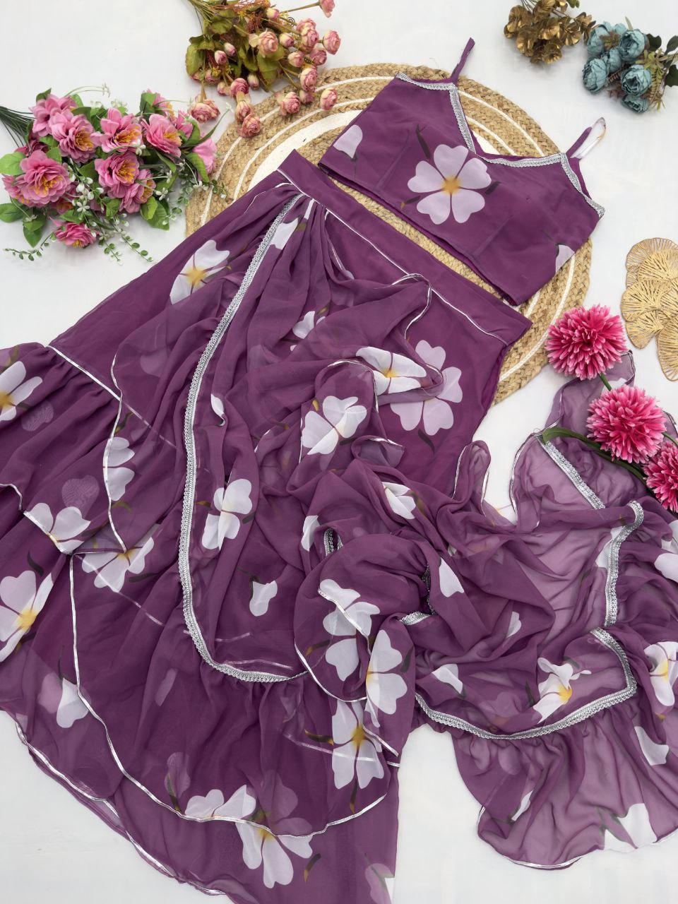 Mauve Floral Print Georgette Ruffle Saree