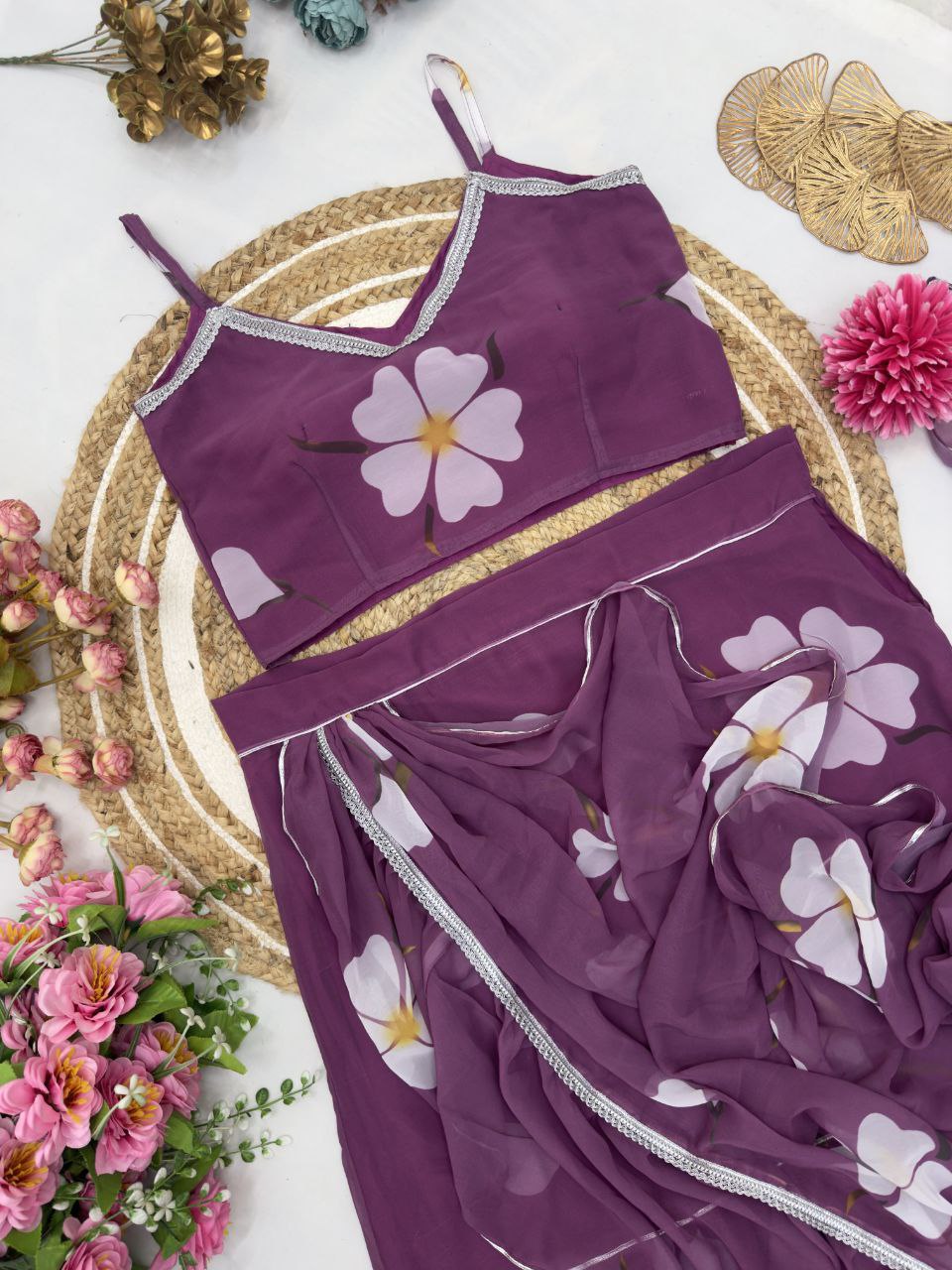 Mauve Floral Print Georgette Ruffle Saree
