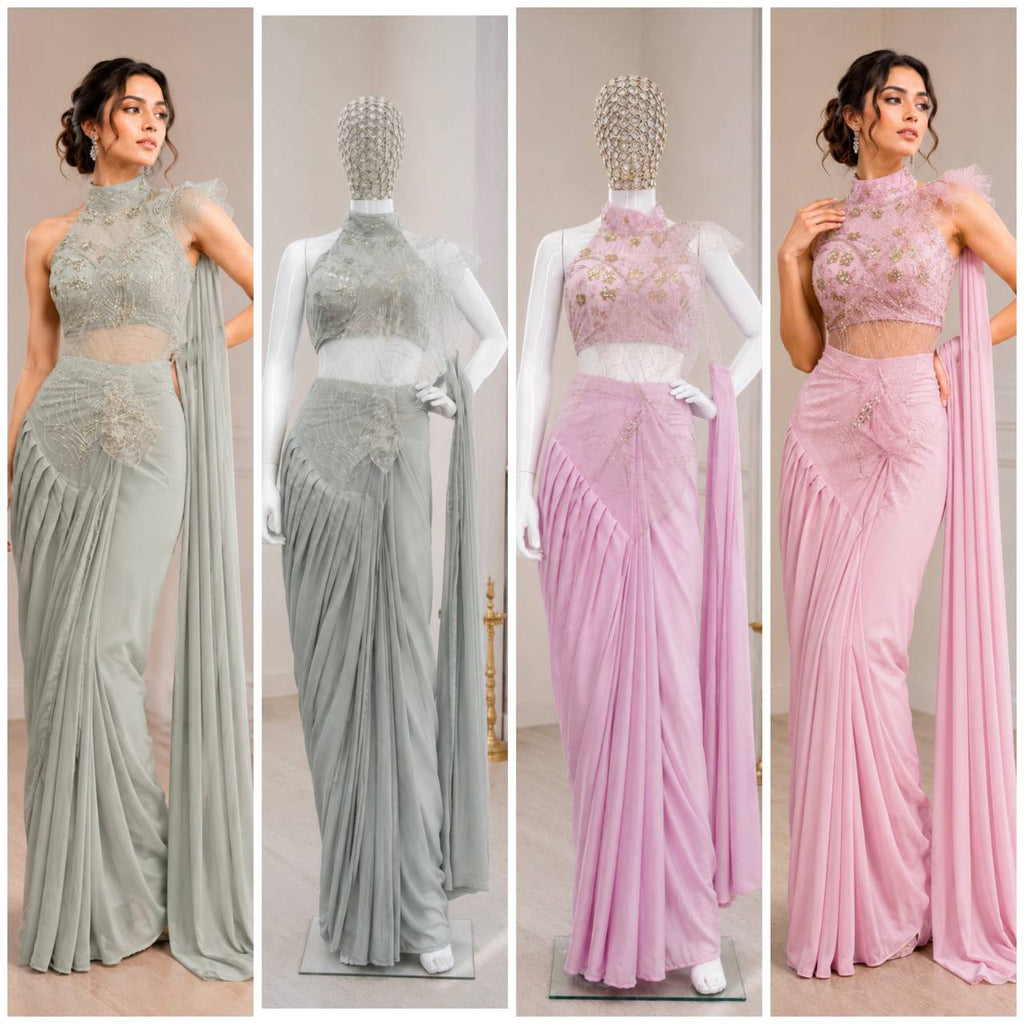 Premium Indo-Western Pre-Stitched Crepe Silk Saree Set with Sequined Halter-Neck Blouse