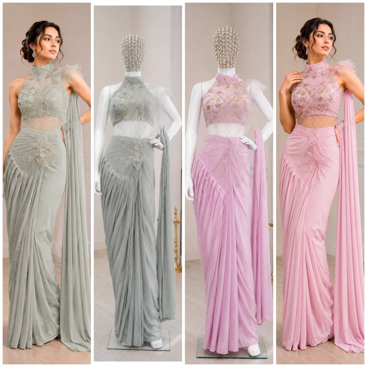 Premium Indo-Western Pre-Stitched Crepe Silk Saree Set with Sequined Halter-Neck Blouse