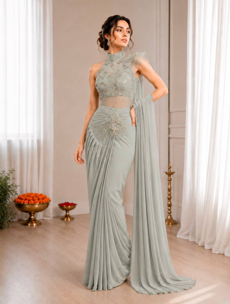 Premium Indo-Western Pre-Stitched Crepe Silk Saree Set with Sequined Halter-Neck Blouse
