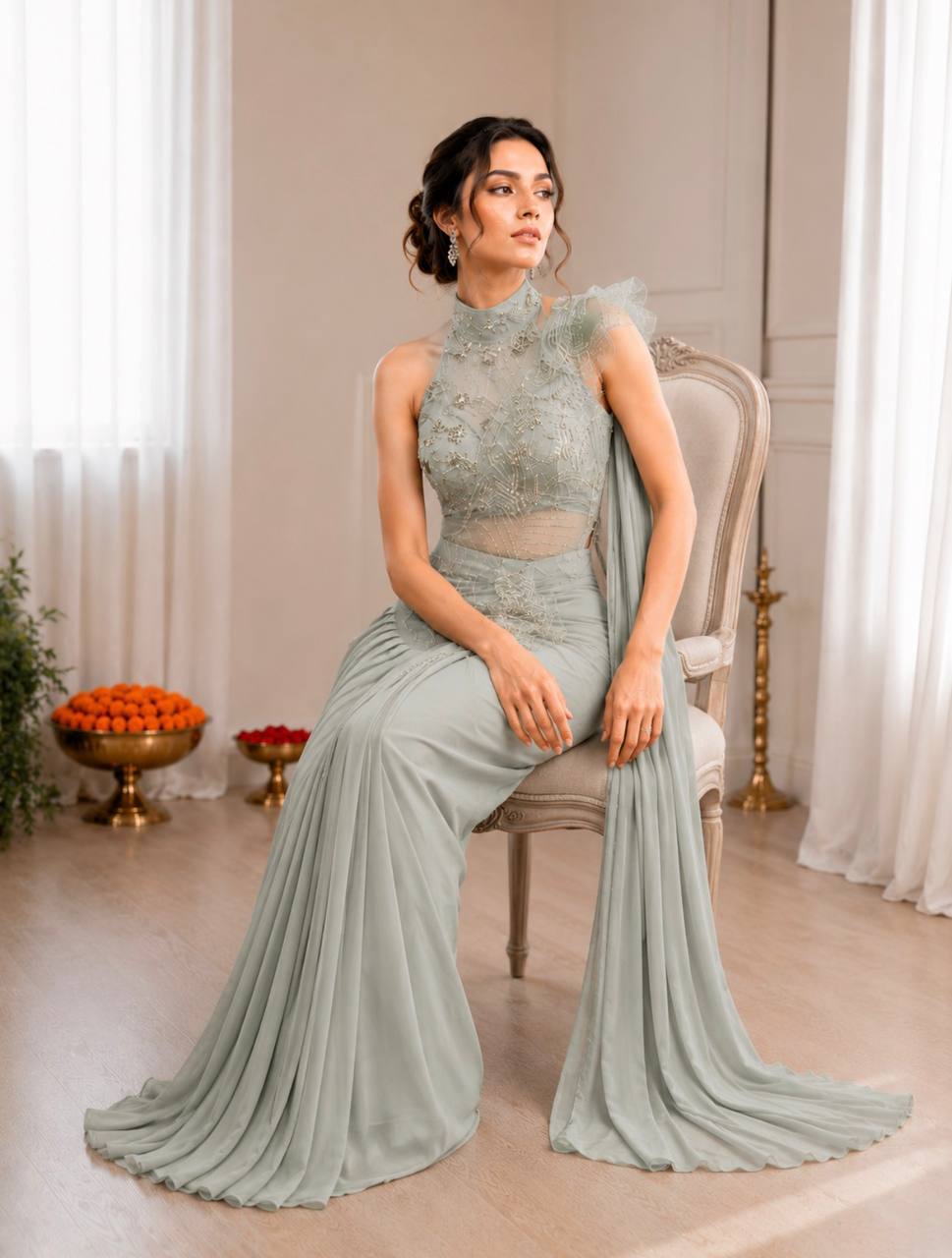 Premium Indo-Western Pre-Stitched Crepe Silk Saree Set with Sequined Halter-Neck Blouse