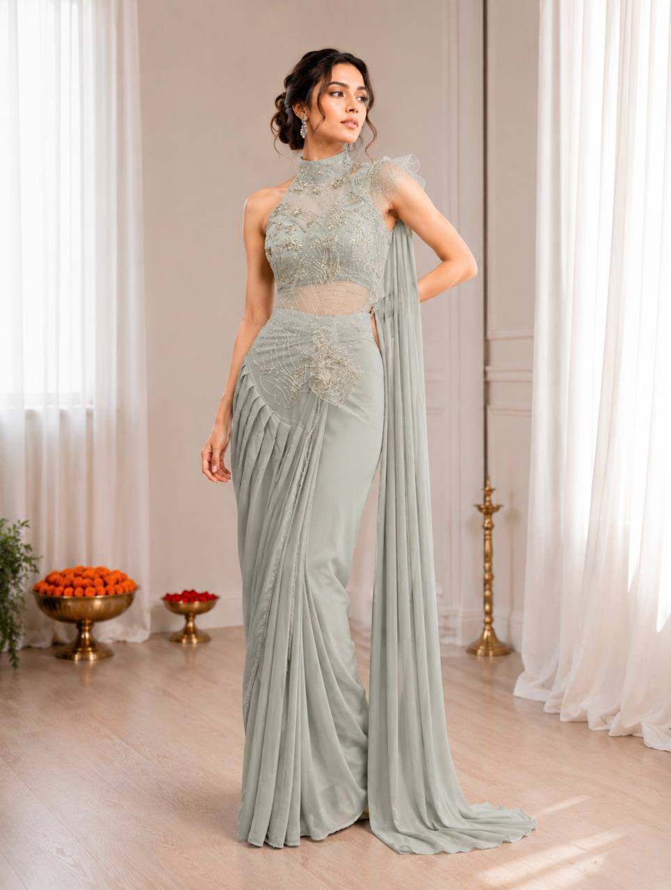 Premium Indo-Western Pre-Stitched Crepe Silk Saree Set with Sequined Halter-Neck Blouse