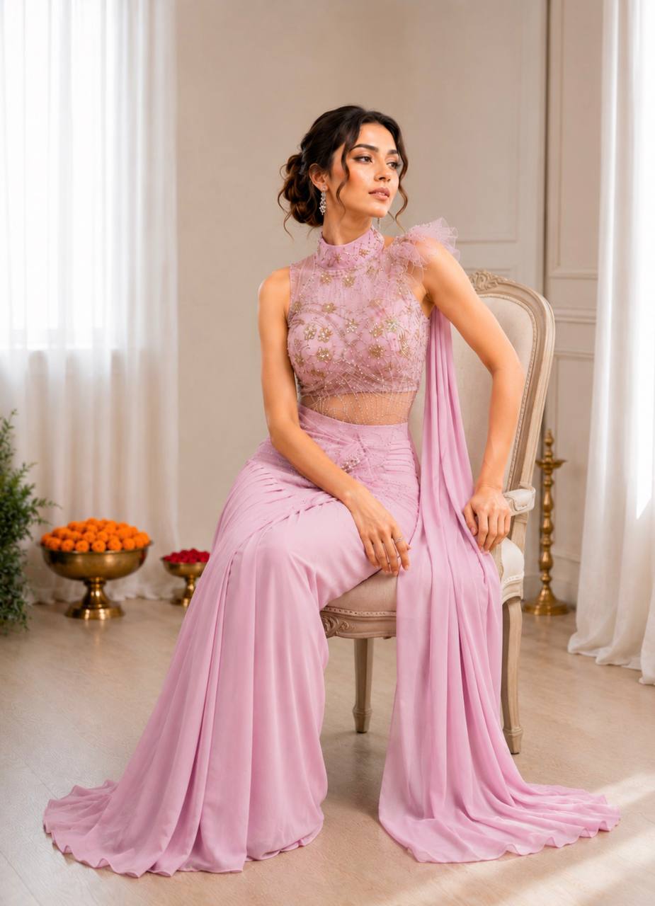 Premium Indo-Western Pre-Stitched Crepe Silk Saree Set with Sequined Halter-Neck Blouse
