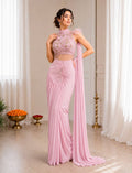 Premium Indo-Western Pre-Stitched Crepe Silk Saree Set with Sequined Halter-Neck Blouse
