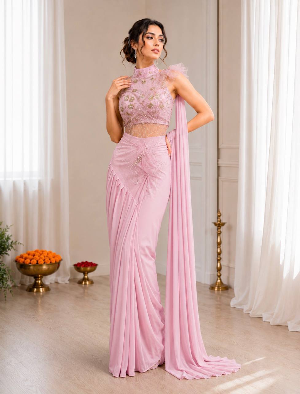 Premium Indo-Western Pre-Stitched Crepe Silk Saree Set with Sequined Halter-Neck Blouse