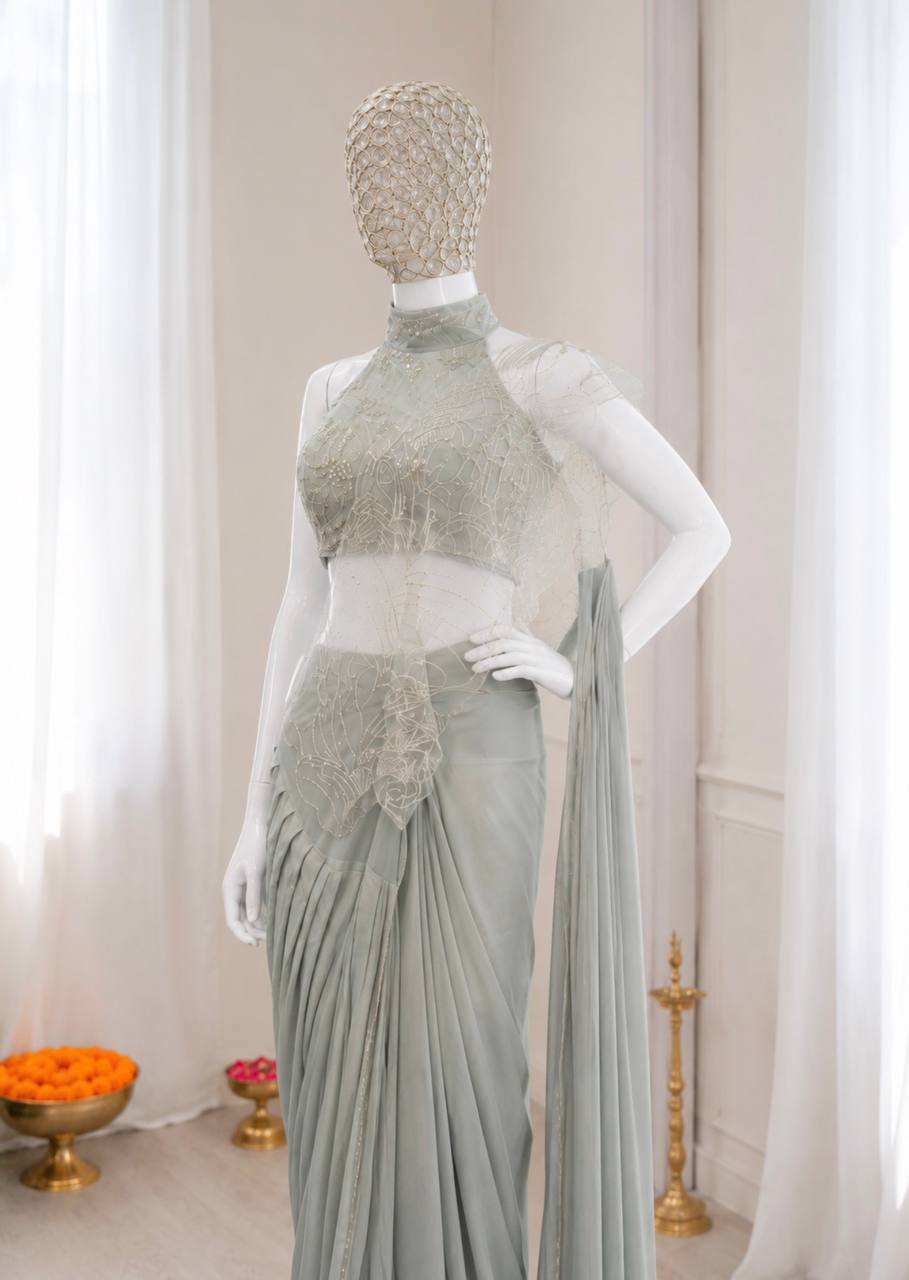 Premium Indo-Western Pre-Stitched Crepe Silk Saree Set with Sequined Halter-Neck Blouse