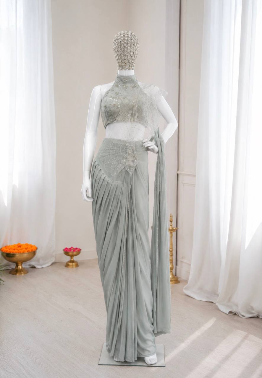 Premium Indo-Western Pre-Stitched Crepe Silk Saree Set with Sequined Halter-Neck Blouse