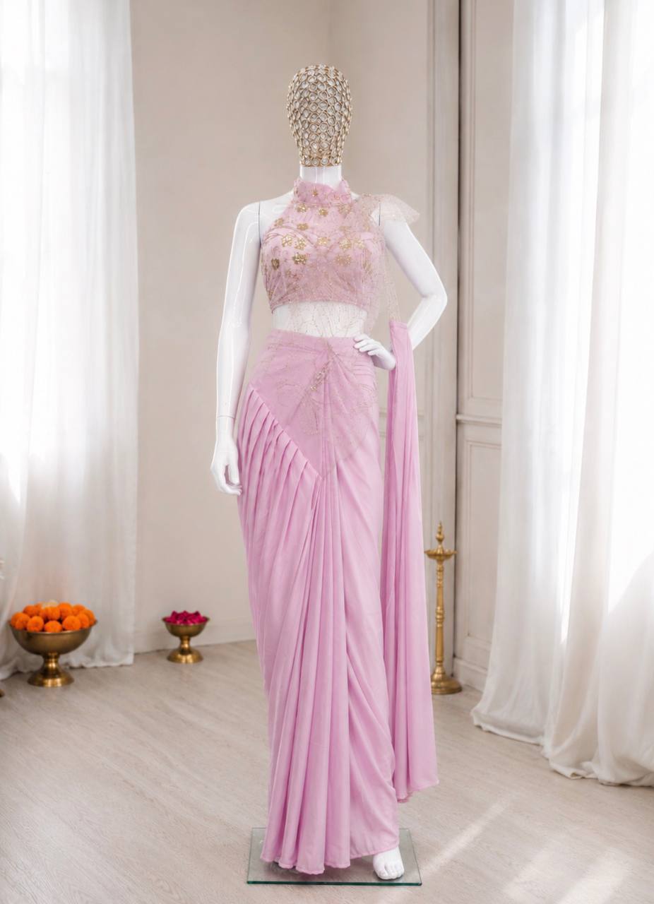 Premium Indo-Western Pre-Stitched Crepe Silk Saree Set with Sequined Halter-Neck Blouse
