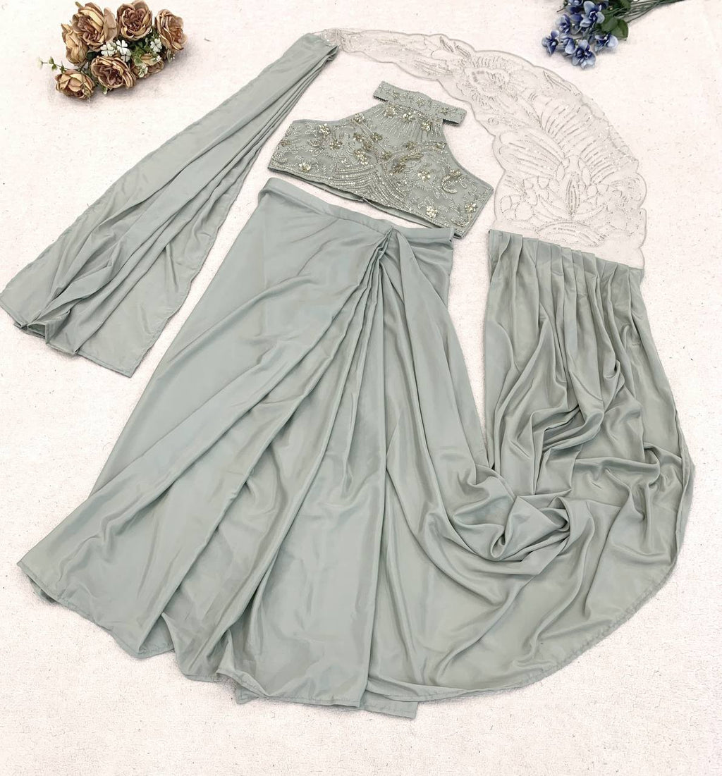 Premium Indo-Western Pre-Stitched Crepe Silk Saree Set with Sequined Halter-Neck Blouse