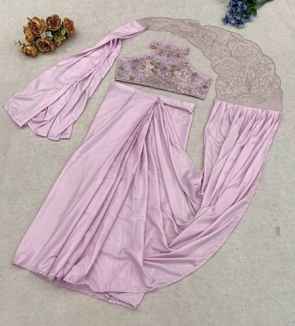 Premium Indo-Western Pre-Stitched Crepe Silk Saree Set with Sequined Halter-Neck Blouse