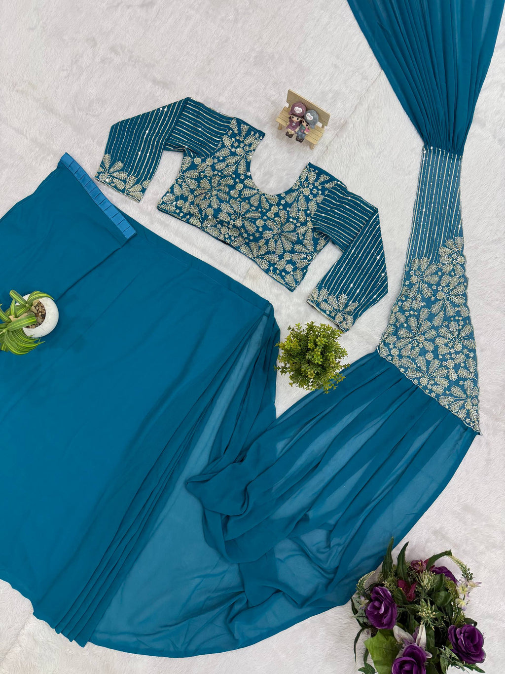 Designer Pre-Draped Faux Georgette Saree Set with Embroidered Bodice