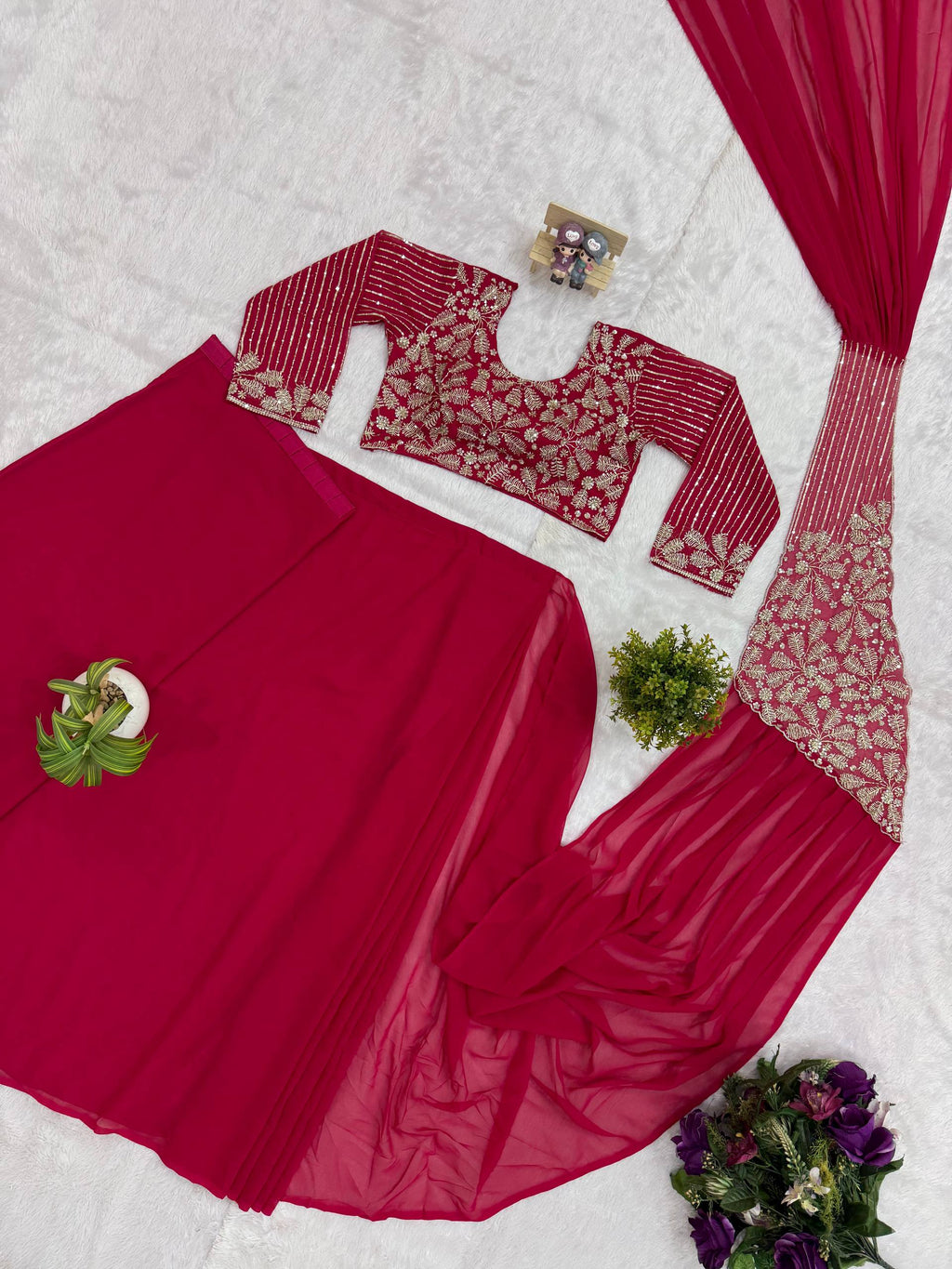 Designer Pre-Draped Faux Georgette Saree Set with Embroidered Bodice