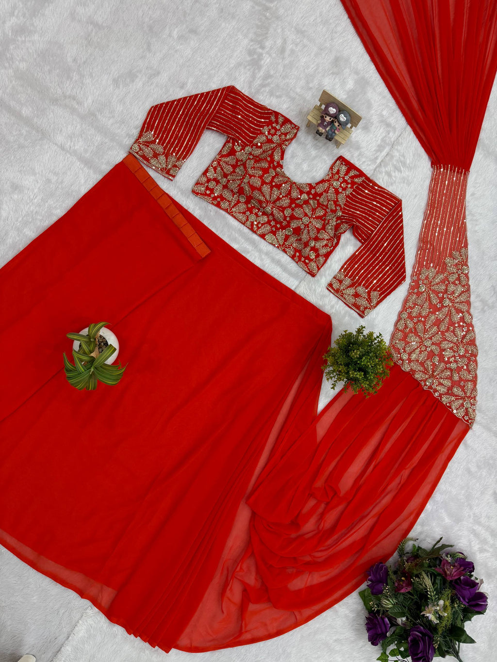 Designer Pre-Draped Faux Georgette Saree Set with Embroidered Bodice