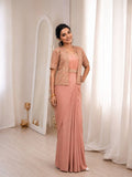 Peach Crepe Silk Pre-Draped Saree Set with Embroidered Koti Jacket & Embellished Belt