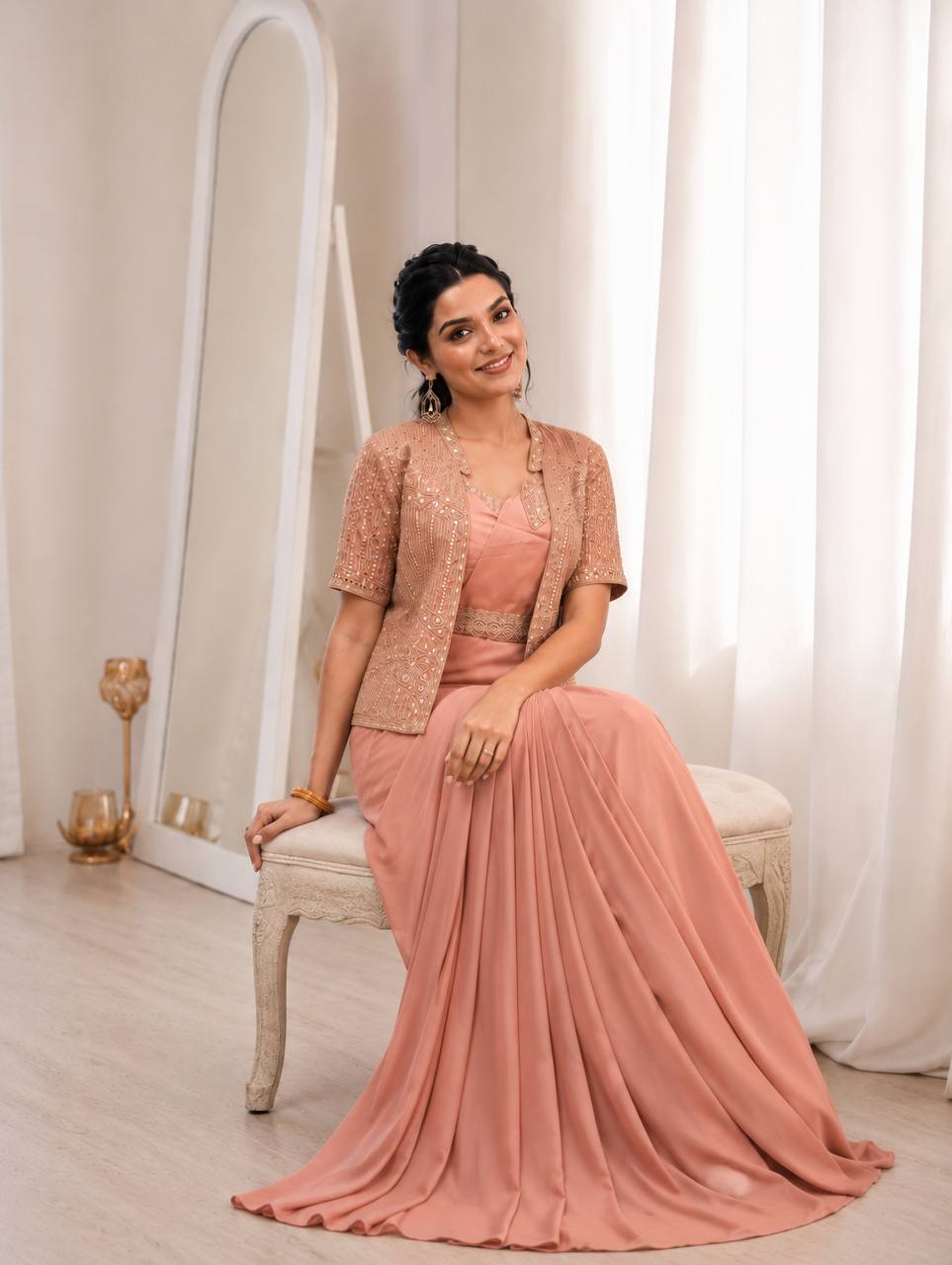 Peach Crepe Silk Pre-Draped Saree Set with Embroidered Koti Jacket & Embellished Belt
