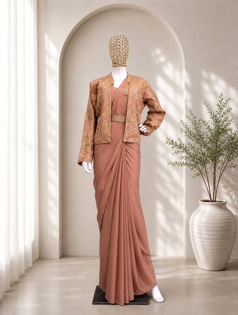 Peach Crepe Silk Pre-Draped Saree Set with Embroidered Koti Jacket & Embellished Belt