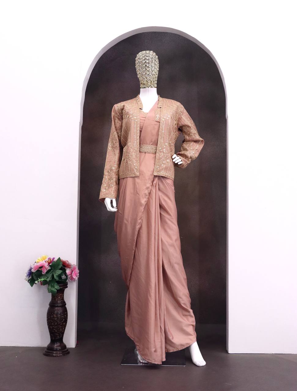 Peach Crepe Silk Pre-Draped Saree Set with Embroidered Koti Jacket & Embellished Belt