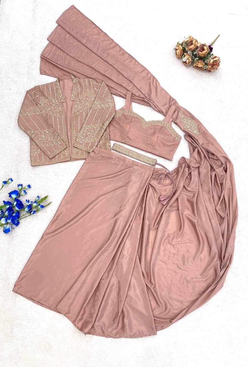 Peach Crepe Silk Pre-Draped Saree Set with Embroidered Koti Jacket & Embellished Belt