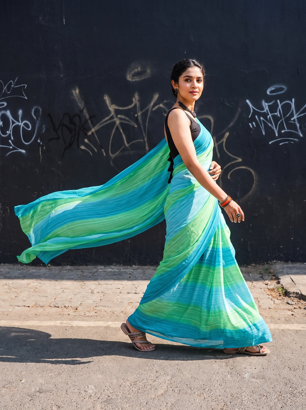 Lightweight Flowy Drape Ombre Striped Saree