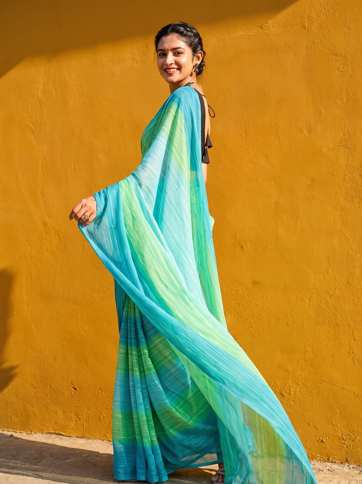 Lightweight Flowy Drape Ombre Striped Saree