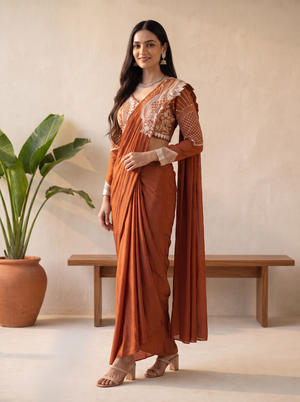 Burnt Amber Pre-Draped Accordion Pleat Saree with Sculpted Asymmetrical Bodice