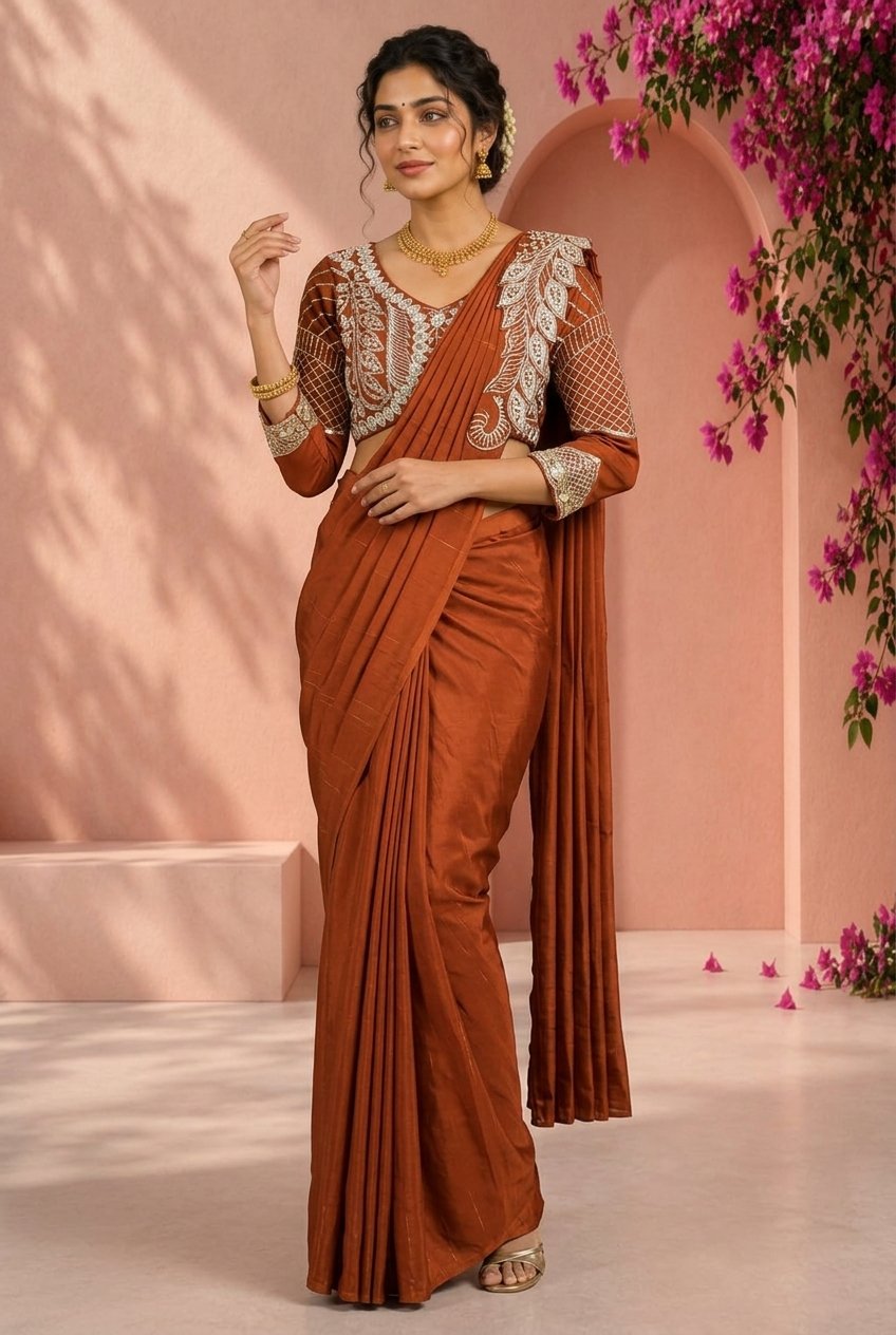 Burnt Amber Pre-Draped Accordion Pleat Saree with Sculpted Asymmetrical Bodice